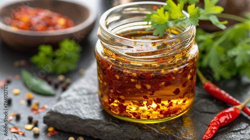 Homemade chili oil in jar on kitchen counter