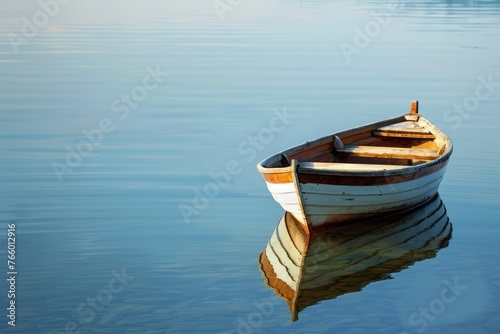 Boat on the lake in the evening light. Nature composition.