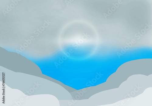 Illustration of a blue sky with clouds and sun in the background