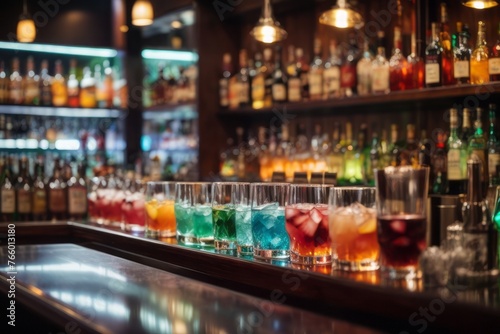 alcoholic drinks and colorful cocktails on bar table with alcohol bottles on the shelves in the background photo
