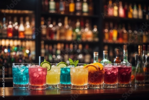alcoholic drinks and colorful cocktails on bar table with alcohol bottles on the shelves in the background