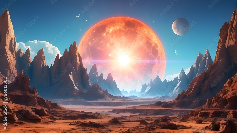 A view of a brilliant sun and mountains with amazing rock formations from an alien world
