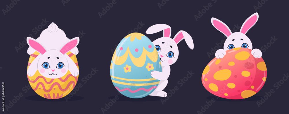 Easter bunnies with colored eggs. Cartoon Easter rabbits and cute chocolate eggs flat vector illustration set. Easter traditional holidays bunny mascots Easter bunnies with colored eggs. Cartoon Easter rabbits and cute chocolate eggs flat vector illustration set. Easter traditional holidays bunny mascots