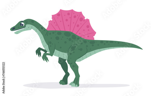 Cartoon spinosaurus predator. Jurassic era spinosaurus dinosaur, meat-eating spinosaurus dino, carnivorous ancient reptile flat vector illustration. Spinosaurus dinosaur on white
