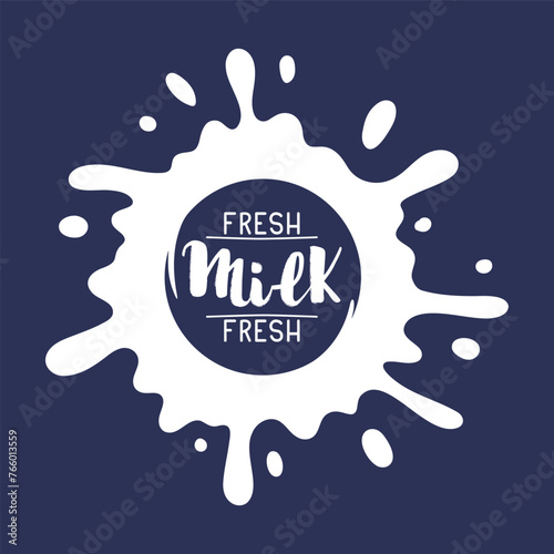 Cartoon milky splash. Dairy product splash label, cow or goat milk logo with lettering, milk flow stamp flat vector illustration. Fresh milk splash © GreenSkyStudio