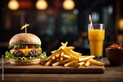 delicious burger and fries on wooden table, unhealthy foods