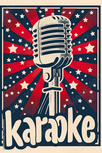 Vintage karaoke night poster with a retro microphone with text KARAOKE