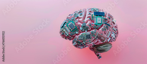 Human Brain with Microchip Implants. AI Brain embedded with Silicon Chips for a Cyborg Robot. Room for Copy & Text. Pink Background.