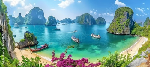 Serenity of ha long bay  unesco site with limestone islands, emerald waters, and boats in vietnam photo