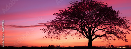 Silhouette of Leafy Tree at Sunset with Pink Hues