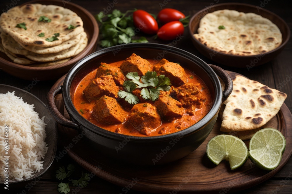 Traditional indian dish chicken tikka masala with spicy curry meat in bowl, basmati rice and naan bread on a wooden table Traditional indian dish chicken tikka masala with spicy curry meat in bowl, basmati rice and naan bread on a wooden table