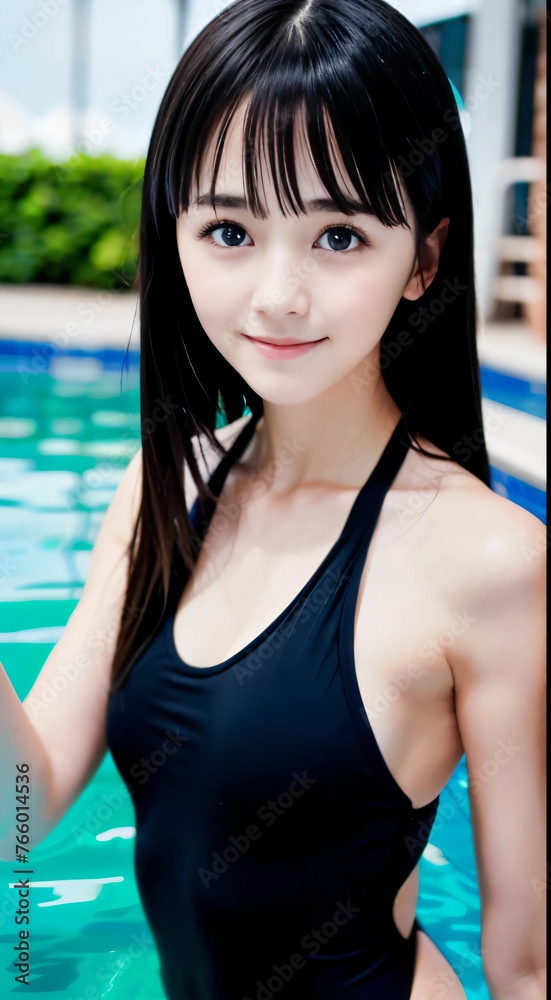 青空のプールサイドで笑顔の水着を着た若い女性 青空のプールサイドで笑顔の水着を着た若い女性