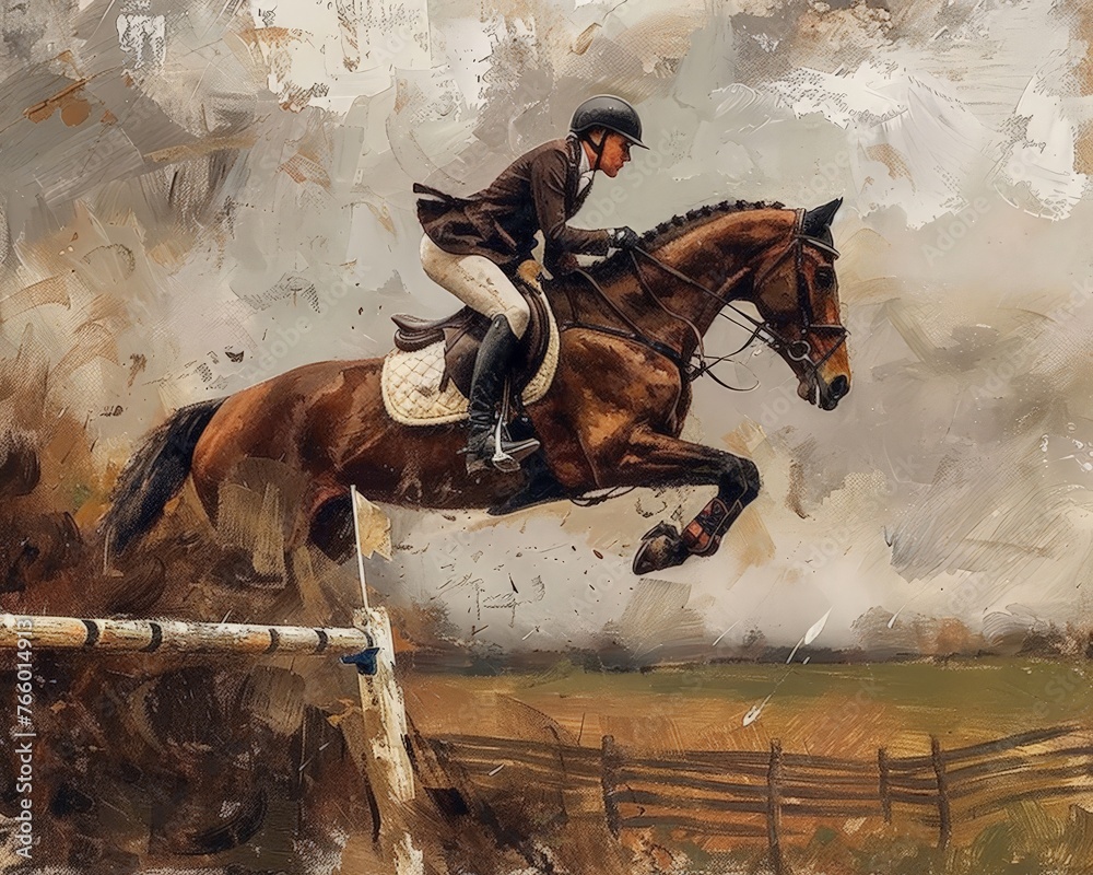Obraz premium Horse and Rider in Motion: A powerful painting of a horse and rider leaping over a hurdle, capturing the raw energy and grace of equestrian sport