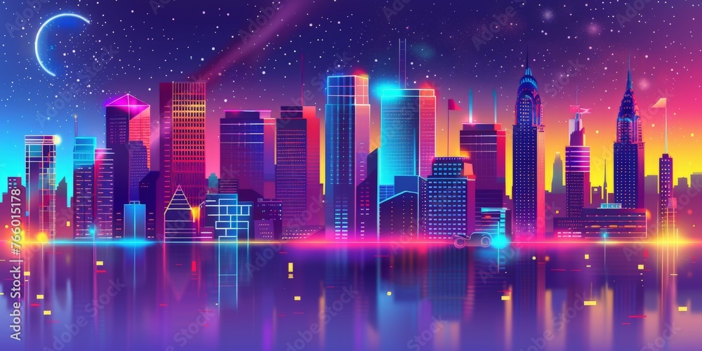 Neon Cityscape: A vibrant and futuristic cityscape bathed in a kaleidoscope of neon lights, reflecting in the calm waters below. This mesmerizing digital illustration evokes a sense of wonder Neon Cityscape: A vibrant and futuristic cityscape bathed in a kaleidoscope of neon lights, reflecting in the calm waters below. This mesmerizing digital illustration evokes a sense of wonder