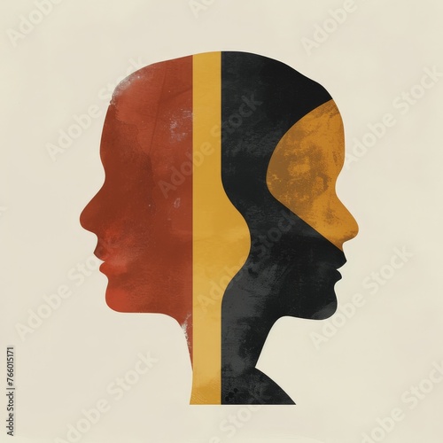Two Sides of the Same Coin: An abstract illustration of two faces merged in profile, rendered in earthy tones, symbolizing duality, unity, and the interconnectedness of human experience.