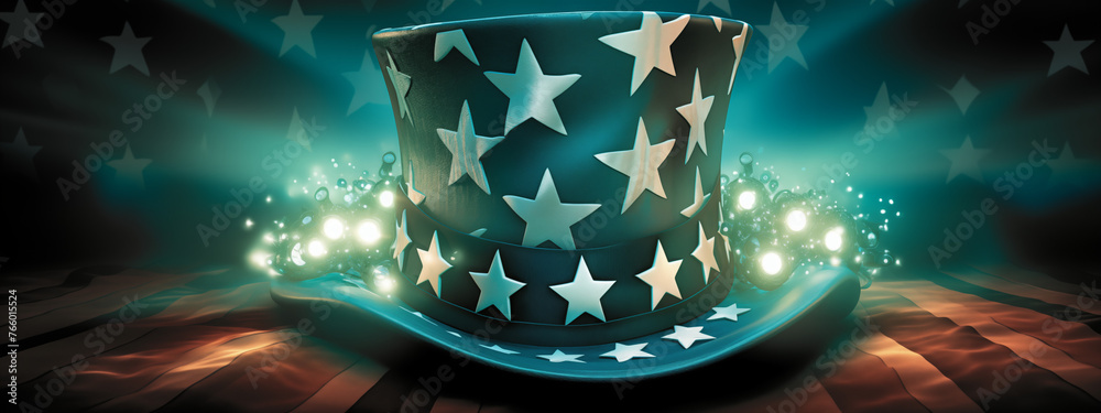 Sparkling Starry Top Hat on Wavy American Flag Background - obrazy, fototapety, plakaty 