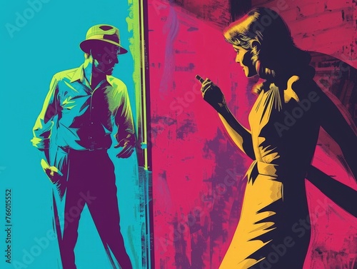 Retro Noir Encounter: A shadowy silhouette of a man in a fedora leans against a doorway, catching the eye of a woman in a yellow dress, creating a visually captivating scene of intrigue and mystery.  