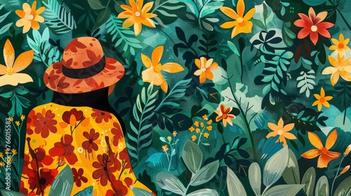 Lost in Floral Paradise: A woman in a vibrant floral dress and hat, enveloped by lush greenery and blooming flowers, evokes a sense of tranquility and escape in this whimsical illustration. 