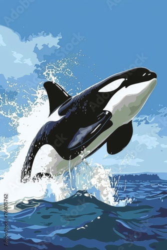 Orca Leaping: A powerful orca leaps out of the water, creating a splash of white against a deep blue sky and sea, phone wallpaper