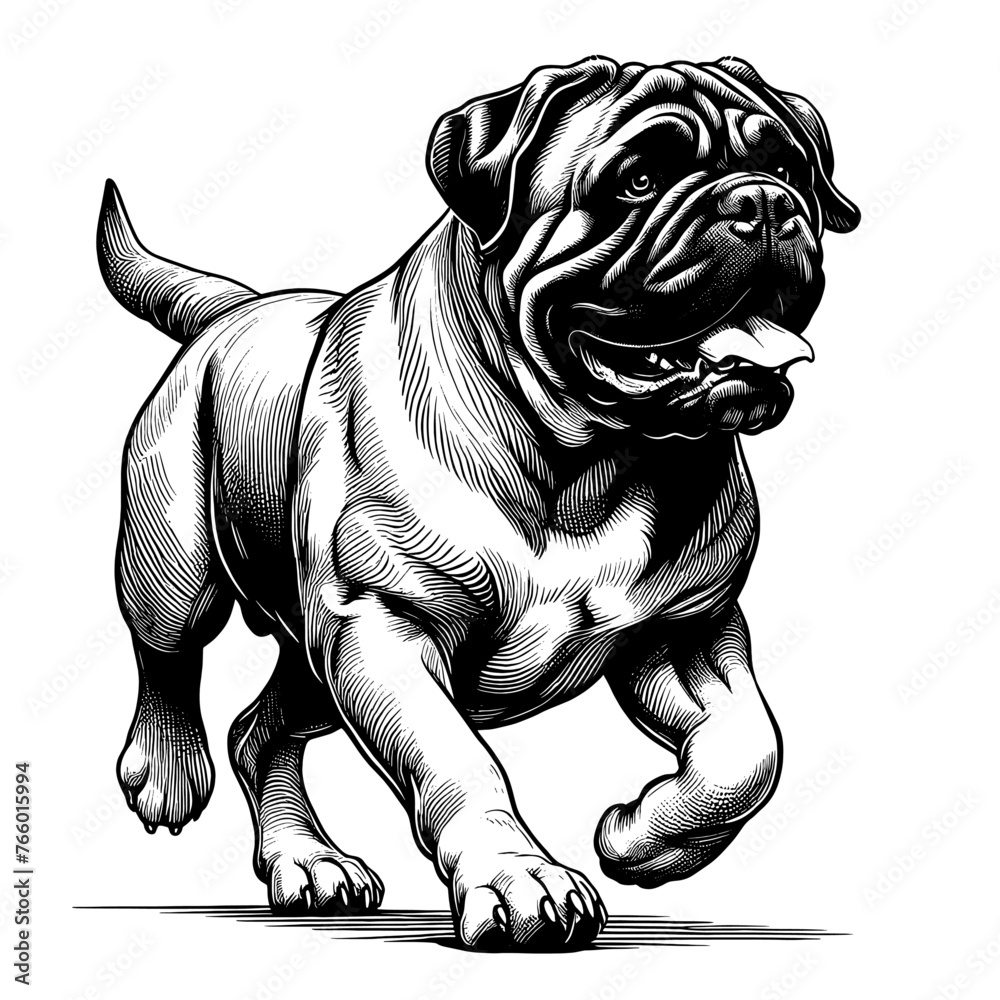 Full-length Bullmastiff dog running. Hand Drawn Pen and Ink. Vector Isolated in White. Engraving vintage style illustration for print, tattoo, t-shirt