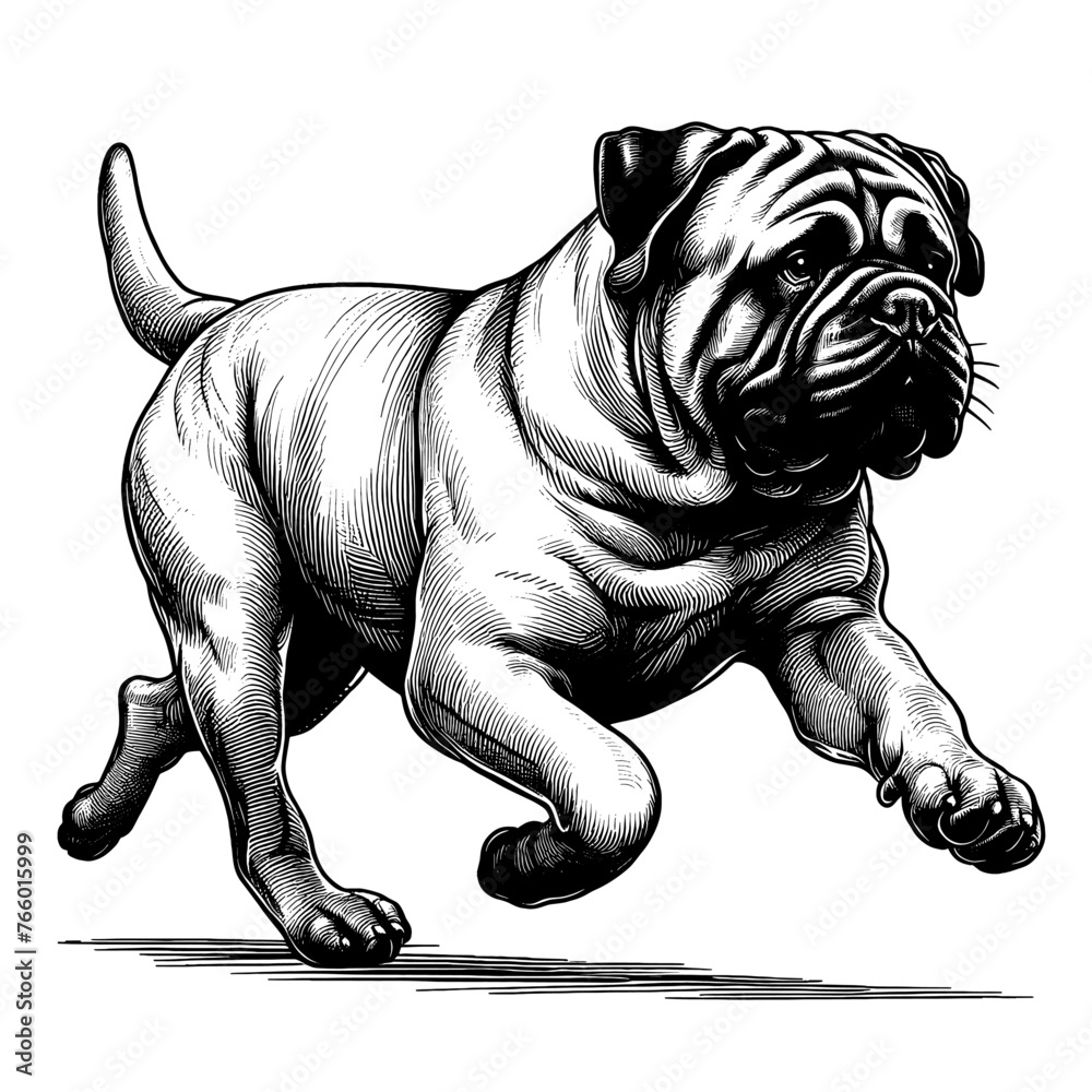 Full-length Bullmastiff dog running. Hand Drawn Pen and Ink. Vector Isolated in White. Engraving vintage style illustration for print, tattoo, t-shirt