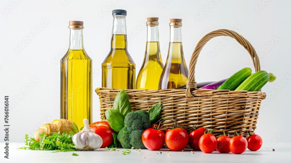 Wooden basket with fresh organic vegetables and oils on a white background. Concept of healthy eating. Organic products. 