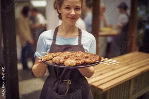 A close-up photo of a waitress carrying food