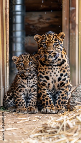 Portrait of male panther and cub with empty space on the left for text, object on the right side