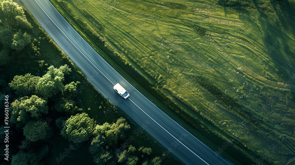 Bus or camper van drive on the road in the middle of green field Bus or camper van drive on the road in the middle of green field