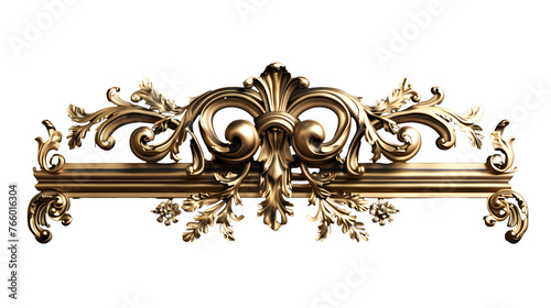 3D render of vintage gold baroque frame scroll, gold ornament on transparent background 