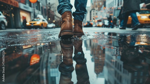The reflection of the person's legs and blurred shapes of people walking by would be visible in the water.