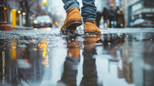 A person's shoes walking through a puddle on a city street. 