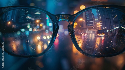 Foggy glasses reflecting a city street at night 