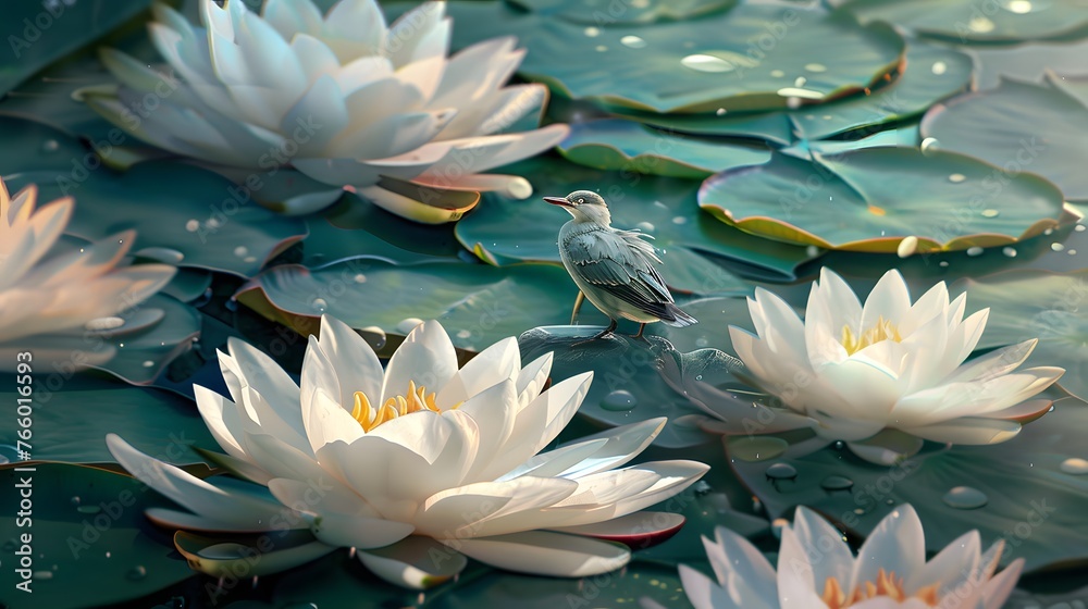 a close up of a waterlily with a bird sitting on top of one of the waterlilies.
