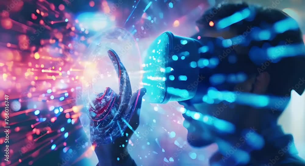 Artificial intelligence data, of a young men wear VR touch digital colored data, generative ai