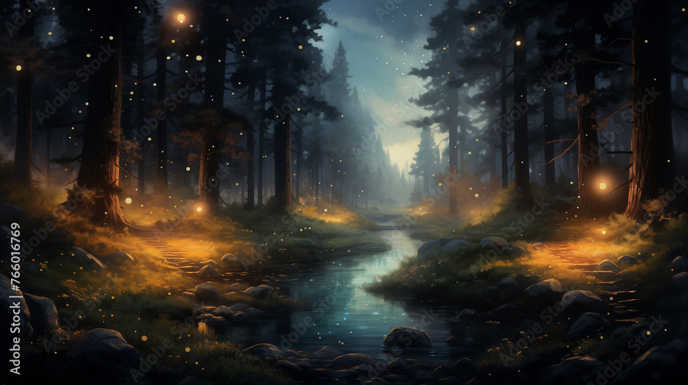 Enchanting watercolor artwork of mystical forest at dusk, aglow with magical fireflies dancing above a serene river, a captivating scene.