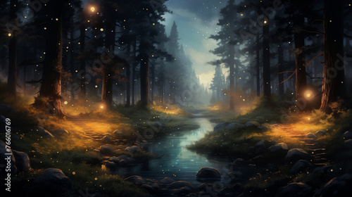 Enchanting watercolor artwork of mystical forest at dusk, aglow with magical fireflies dancing above a serene river, a captivating scene.