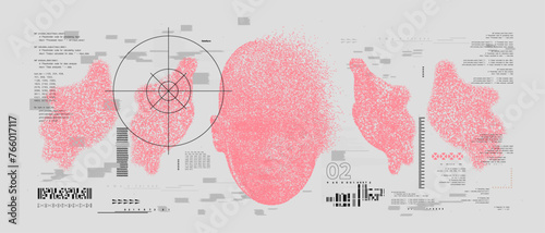 Retro futuristic blurred face with hands. Pixel bitmap graphic with grunge distorted waves. Vector background