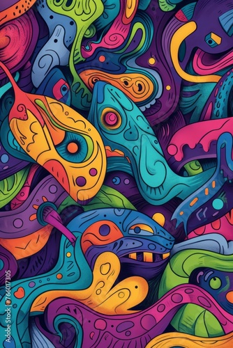 A colorful drawing of an abstract background is styled with Mesoamerican influences and vibrant caricatures.