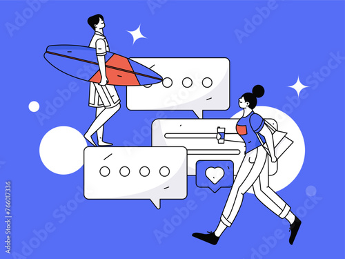 Virtual characters social communication concept business flat vector hand drawn illustration
