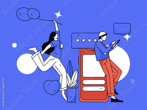 Virtual characters social communication concept business flat vector hand drawn illustration

