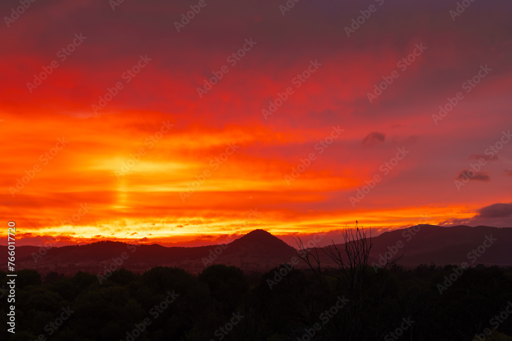 Sunrise view from lookout over the Mudgee valley towards Mount Frome