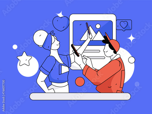 Virtual characters social communication concept business flat vector hand drawn illustration
