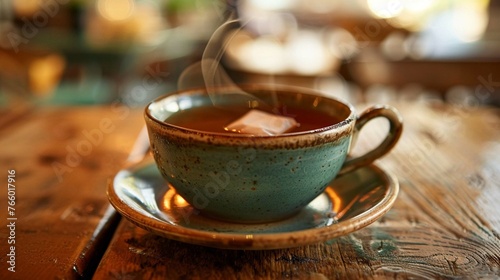A close-up photo of a ceramic cup filled with tea on a wooden table 