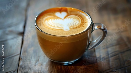 The latte art could be a swirl, heart, or other design created with steamed milk on top of the espresso.