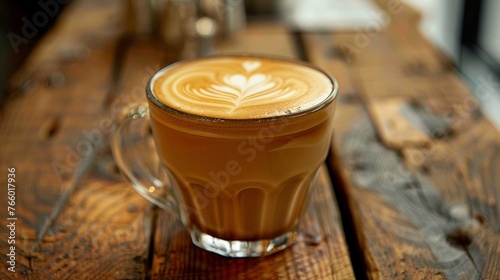 A cup of latte with latte art: A close-up photo of a glass mug filled with a latte on a wooden table.