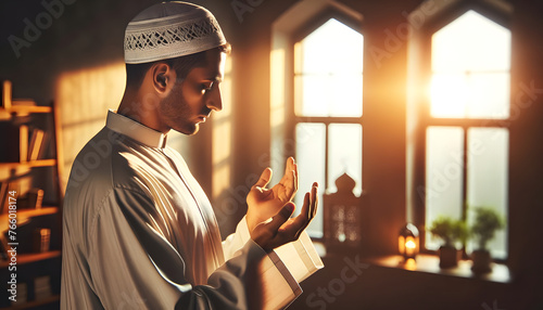 a man in a white hat is praying with a window behind him in a mosque photo