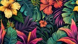Tropical background. Exotic Landscape, Hand Drawn Design. Luxury Wall Mural. Leaf and Flowers Wallpaper.
