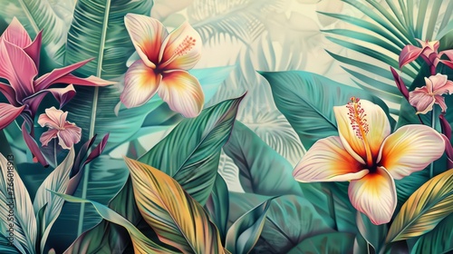 Tropical background. Exotic Landscape  Hand Drawn Design. Luxury Wall Mural. Leaf and Flowers Wallpaper. 