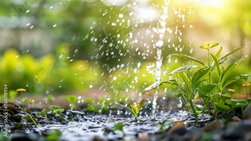 A photo illustrating sustainable water usage practices, such as rainwater harvesting systems, water-saving appliances, or xeriscaped gardens, emphasizing the importance of conserving water resources.